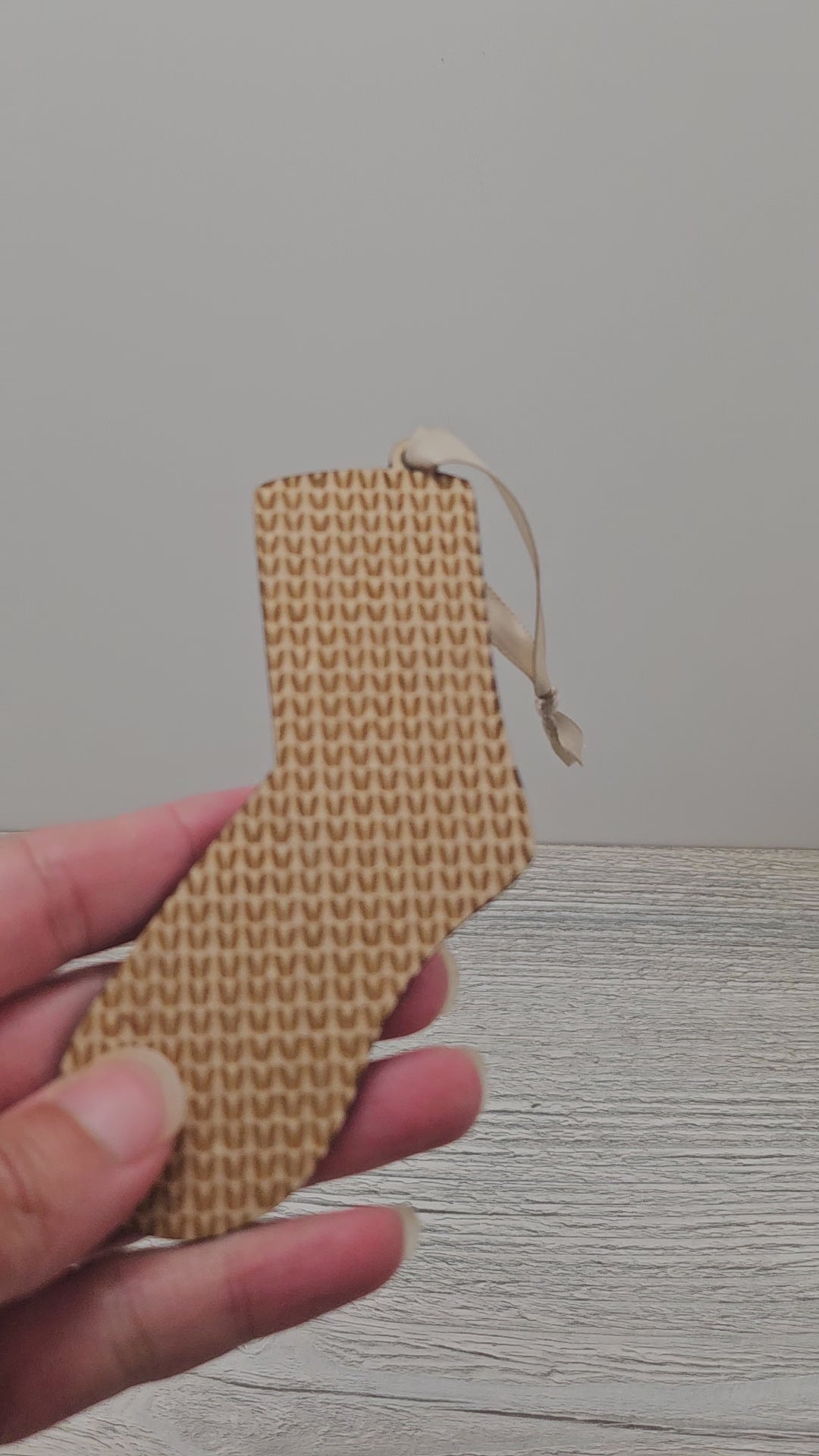 Video of knitted sock ornament blank.