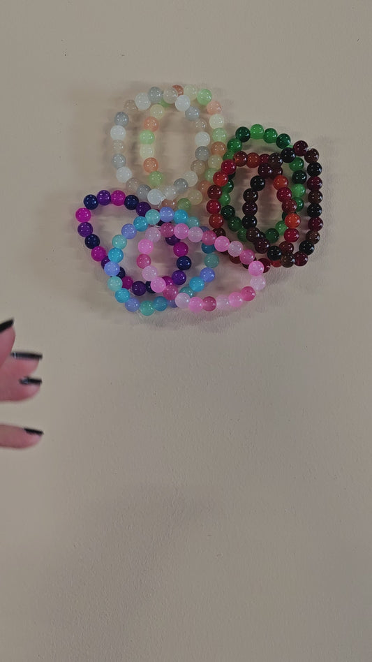 Video of glass ball bead stretch bracelets. 