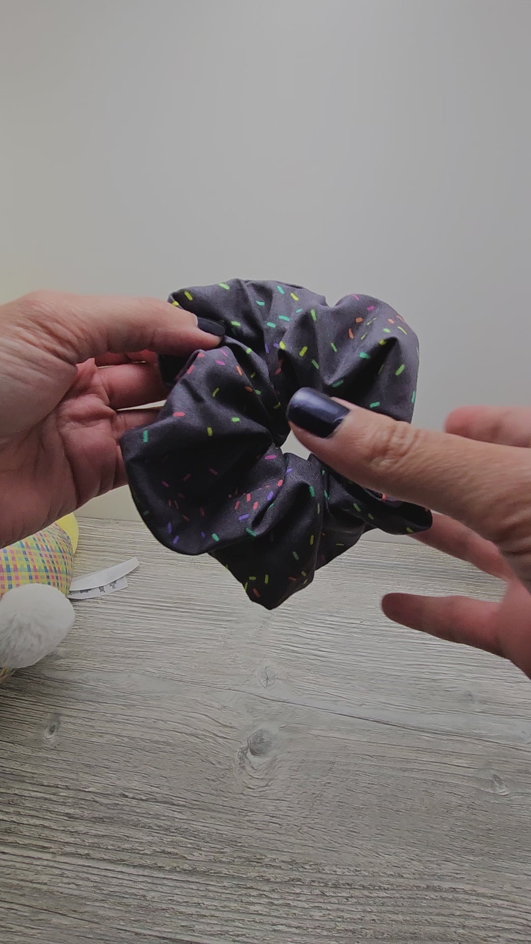 Video of the rainbow sprinkles scrunchie.