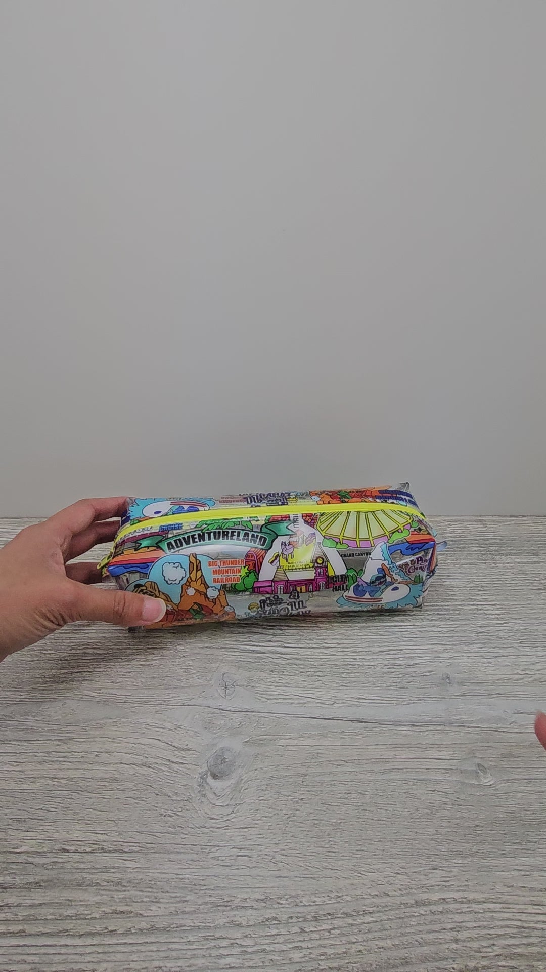 Video of clear vinyl pencil pouch with disney parks.