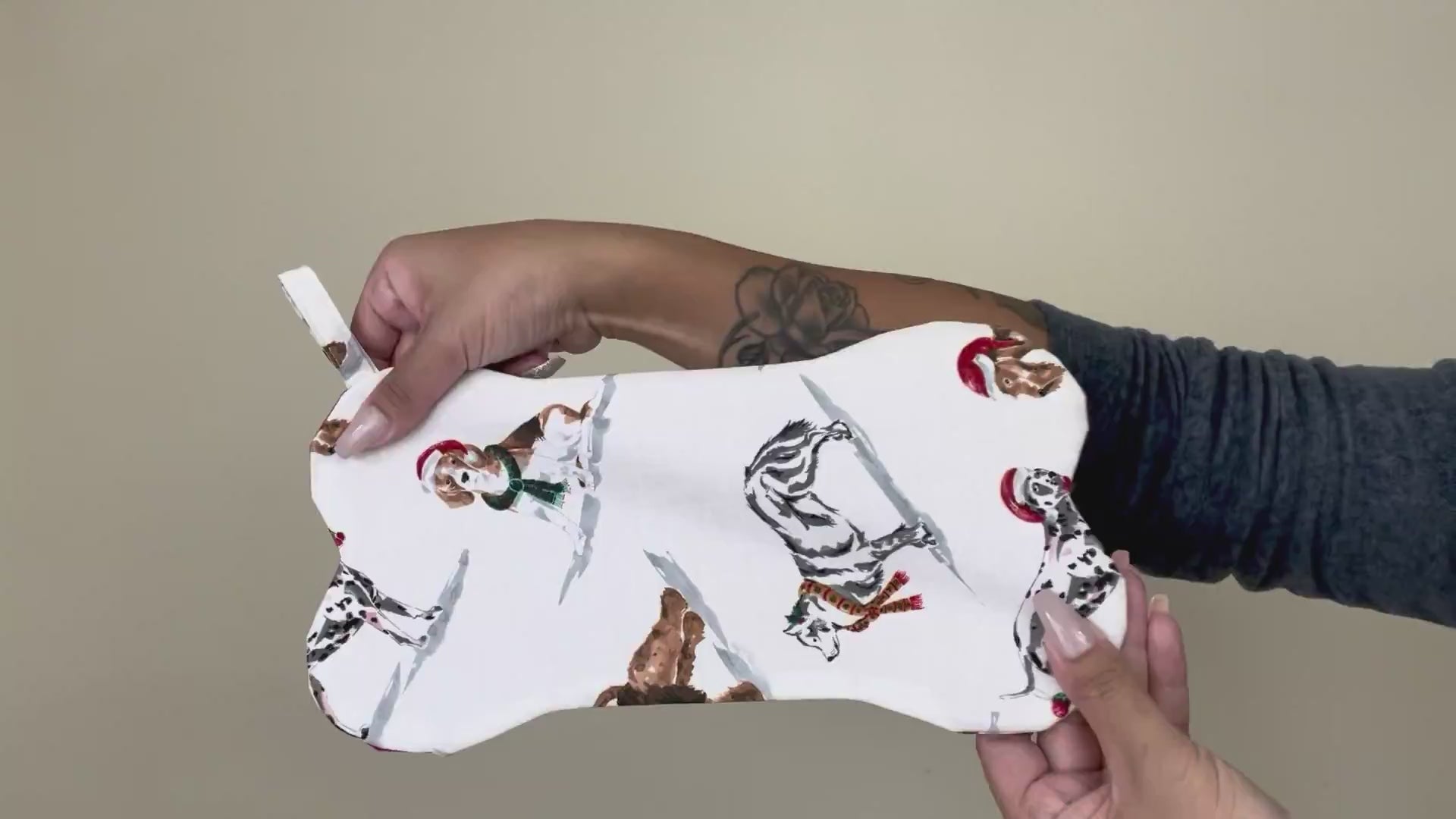 Video of bone shaped holiday stocking for dogs featuring dogs in the snow dressed up for Christmas.