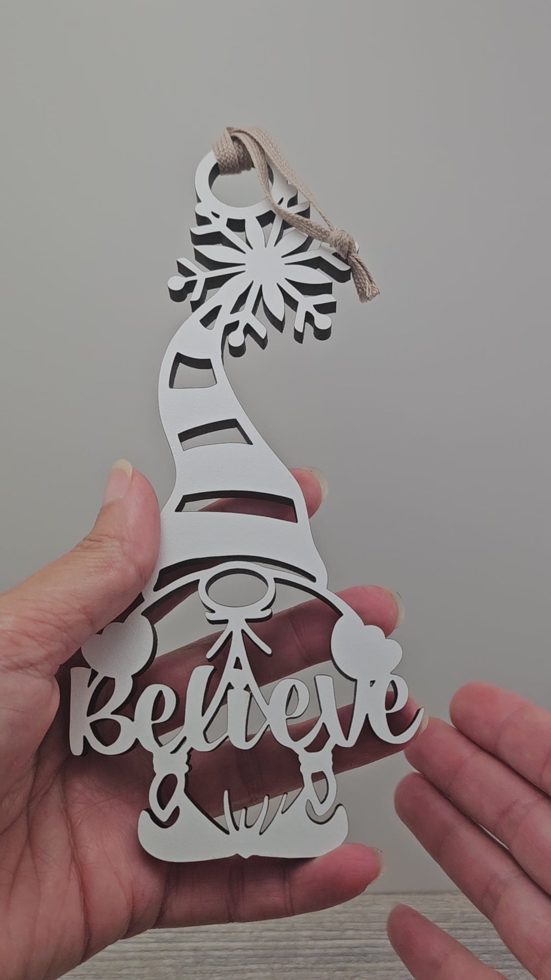 Video of the "Believe" gnome holiday ornament.