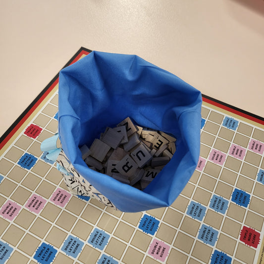 Scrabble drawstring storage bag.