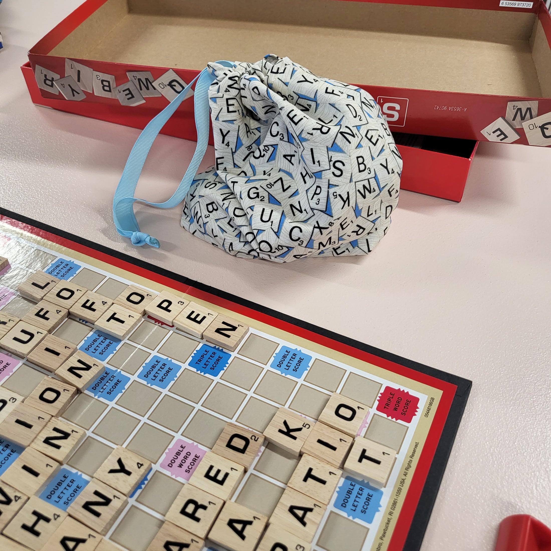 Scrabble tiles drawstring bag.
