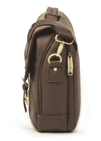 Brown leather bag with gold zipper on a white background