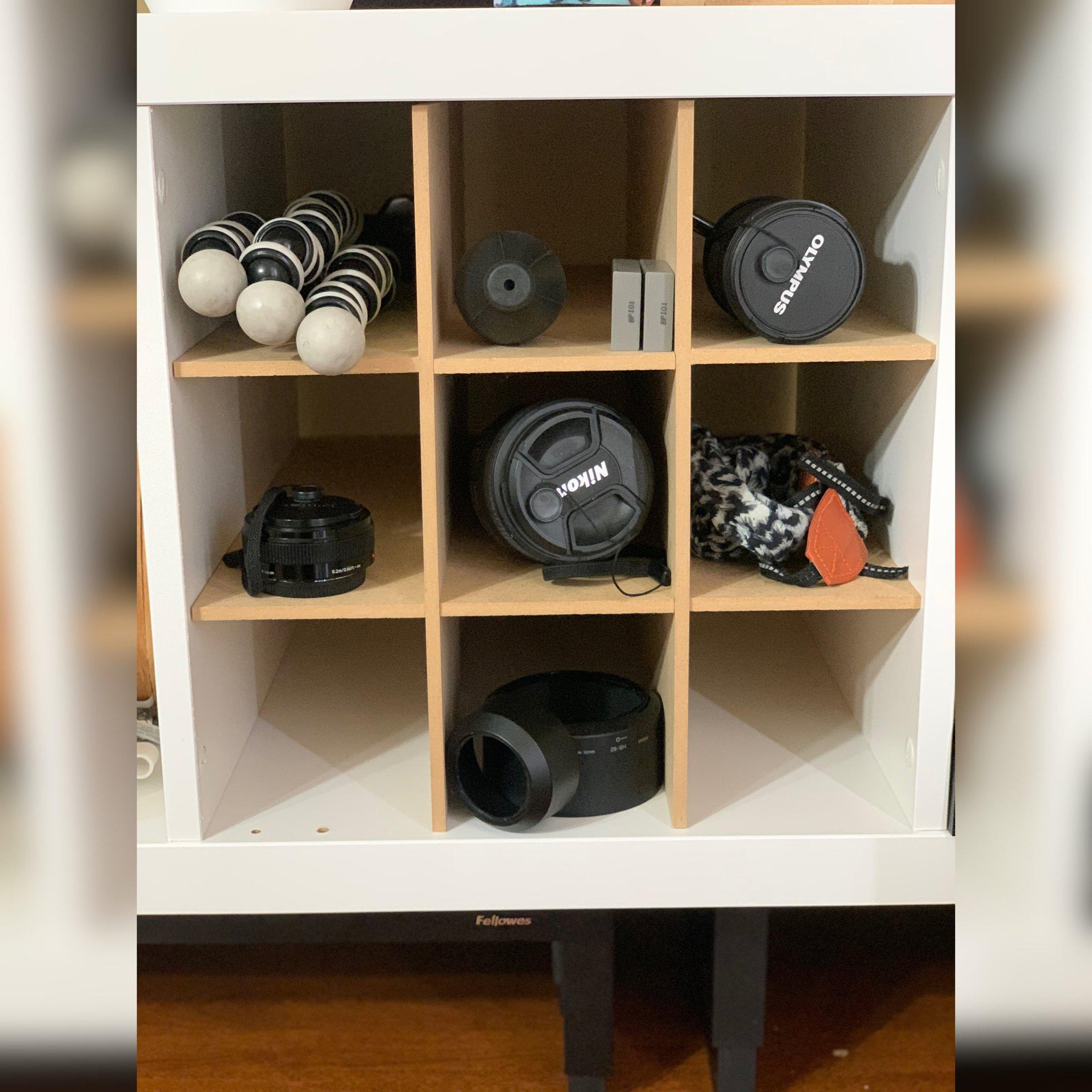 9 Cubby Cube Insert for Cube Storage Shelves storing camera accessories-The Steady Hand
